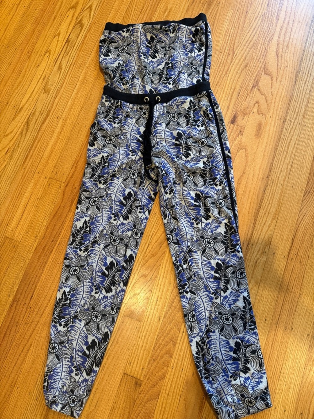 Juicy Couture Black, Blue & White Floral Strapless Jogger Jumpsuit Y2K 90’s